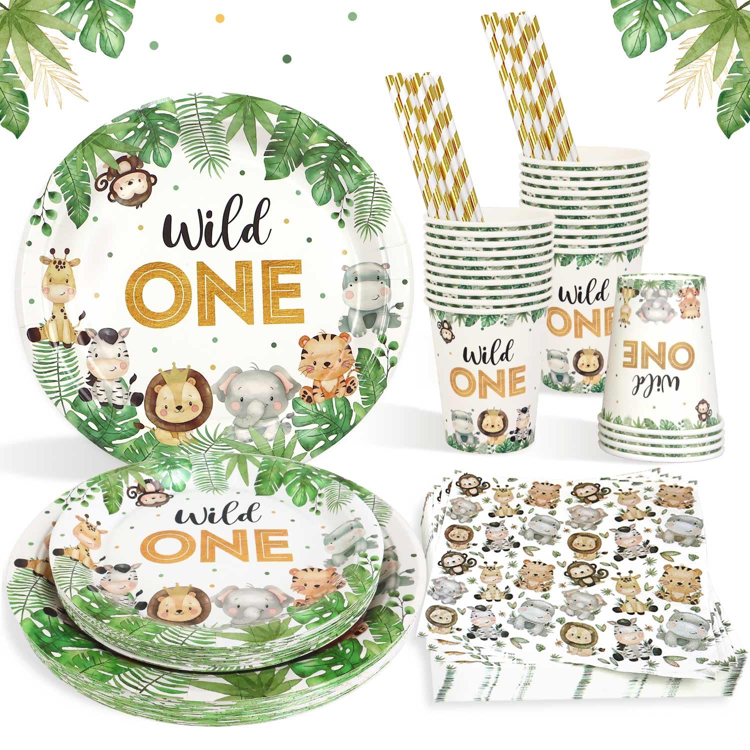 Heboland Wild One Birthday Decorations Paper Plates Set for 25 Guests, Boys Safari Jungle Theme Party Decorations Paper Plates Cups Napkins Straws Tableware Wild One Party Supplies