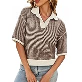 Cicy Bell Womens Striped Cropped Sweaters Tops Color Block Short Sleeve Knit V Neck Fall Casual Pullover