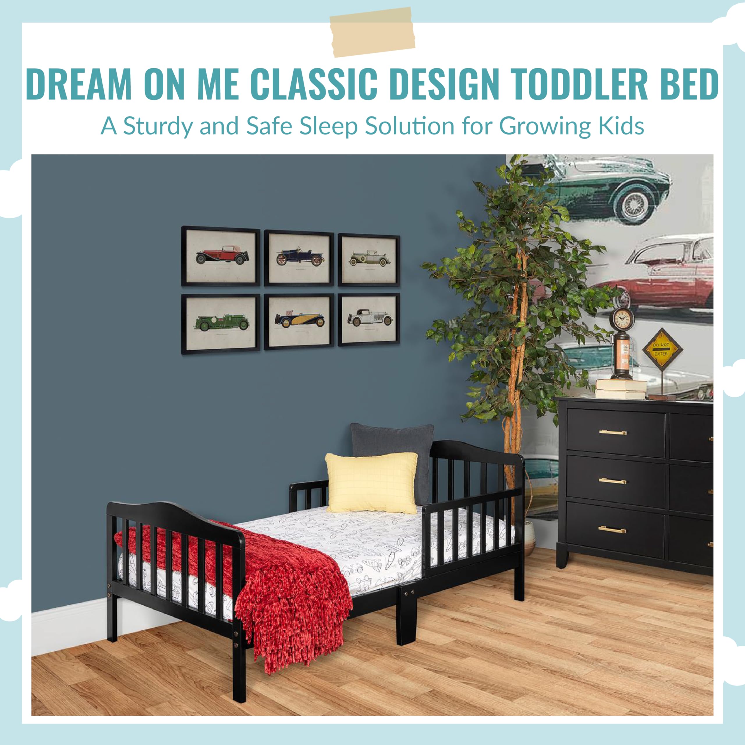 Dream On Me Classic Design Toddler Bed In Black, Greenguard Gold And JPMA Certified, Low To Floor Design, Two Side Safety rails, Non-Toxic Finishes, Wooden Nursery Furniture
