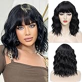 WSTAR Short Wavy Bob Wig With Bangs - Short Wavy Bob Bangs Wig for Women,Heat Resistant Synthetic Hair, Natural Looking for Daily Party Use(14inch,Natural Black)