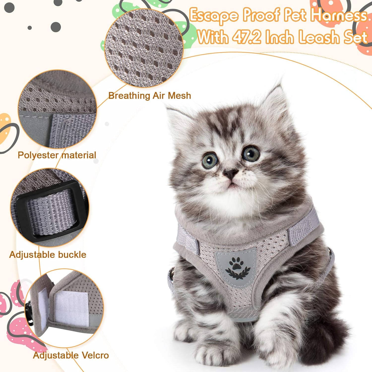 Sumind Puppy/Cat Harness and Lead Sets Escape Proof Soft Mesh Adjustable Vest Harnesses Dog Cat Pet Breathable Mesh Chest Strap for Outdoor Training Walking XS (Gray) - Image 4