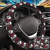Skull and Rose Steering Wheel Cover for Women, Anti-Slip Car Steering Wheel Cover with 2 Pcs Cup Holders Neoprene Breathable Car Accessories Universal 15 Inch Auto Interior Decor