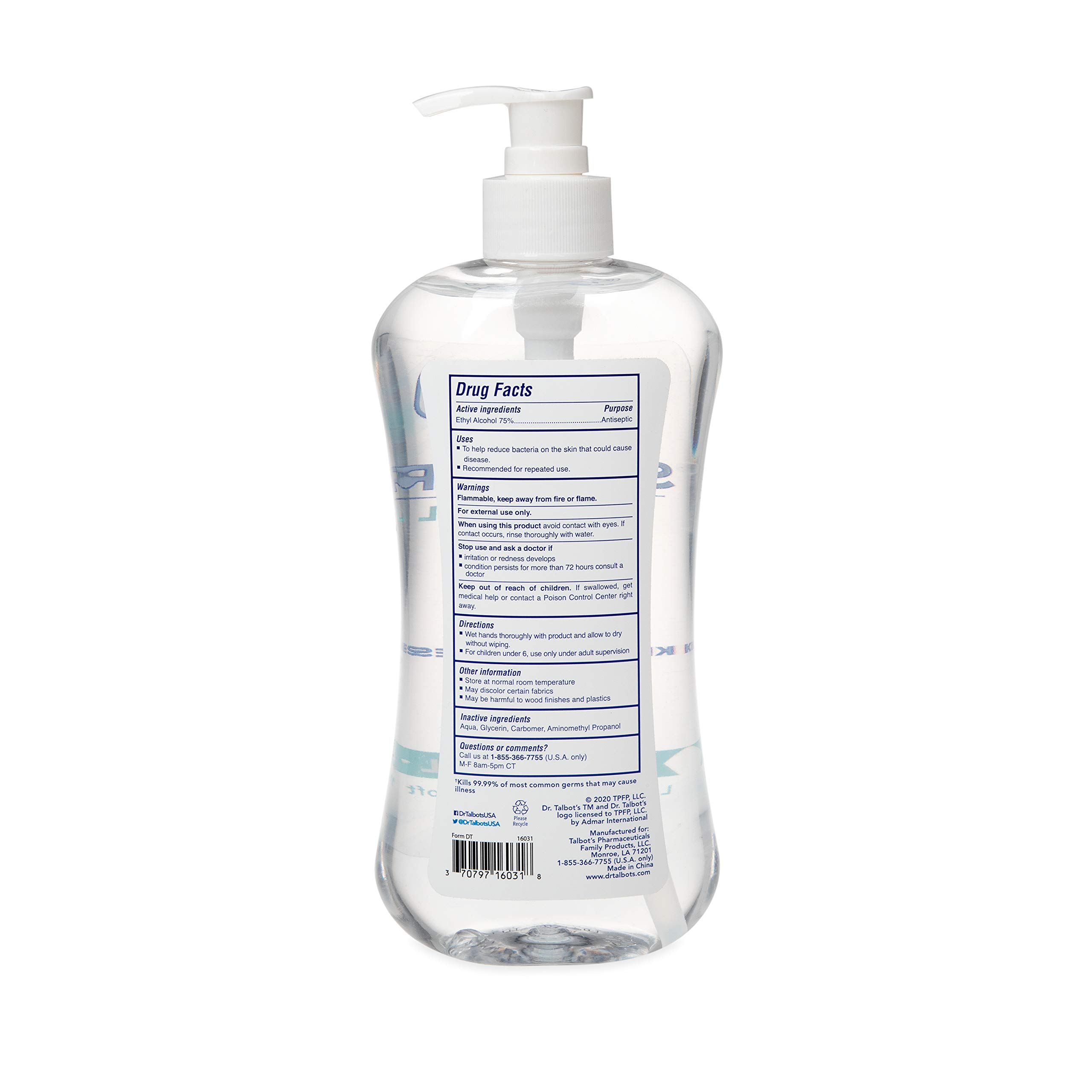 Dr. Talbot's Refreshing Gel Hand Sanitizer With Easy Pump, Fragrance Free, 16.9 Fl Oz