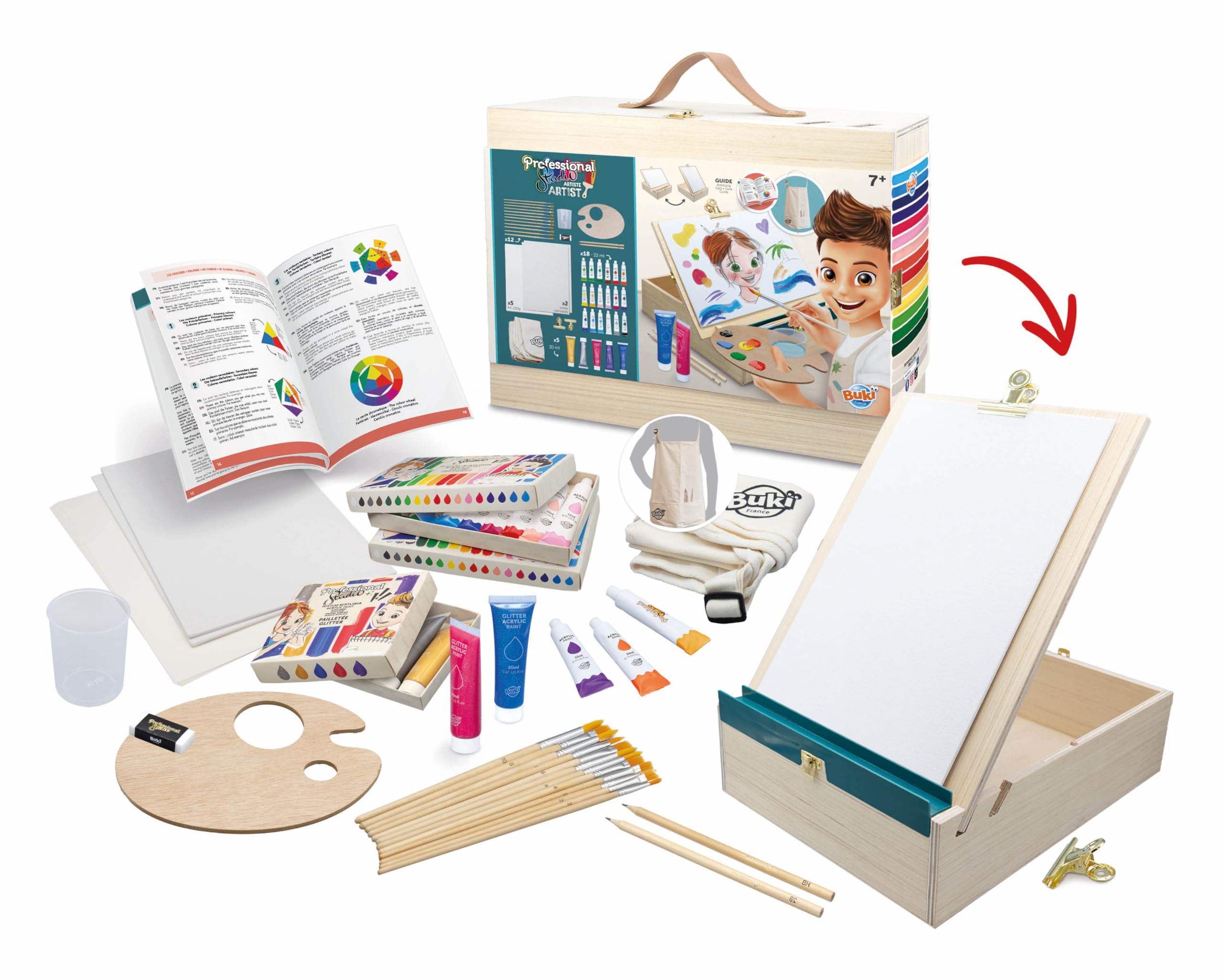 Buki France - Professional Studio Atelier Artiste - Wooden Acrylic Painting Case with Transformable Easel – Complete Kit with 18 Paint Tubes and Accessories – Illustrated Guide – Ages 7 and Above