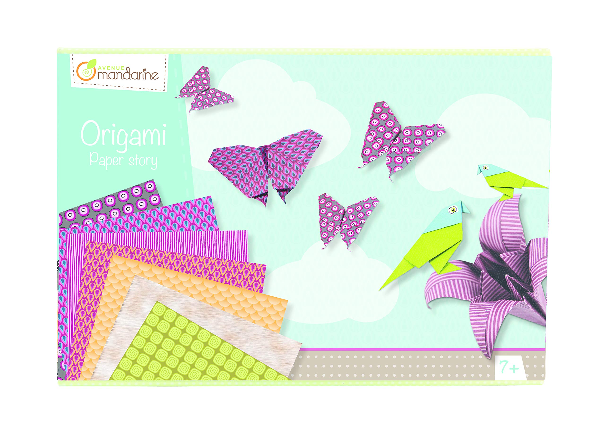 Avenue Mandarine - Ref 42720O - Origami 'Paper Story' Activity Box - Contains 20 Sheets, 15 x 15cm, Printed Patterns, Sheet of Stickers Included, Suitable for Ages 7-12+