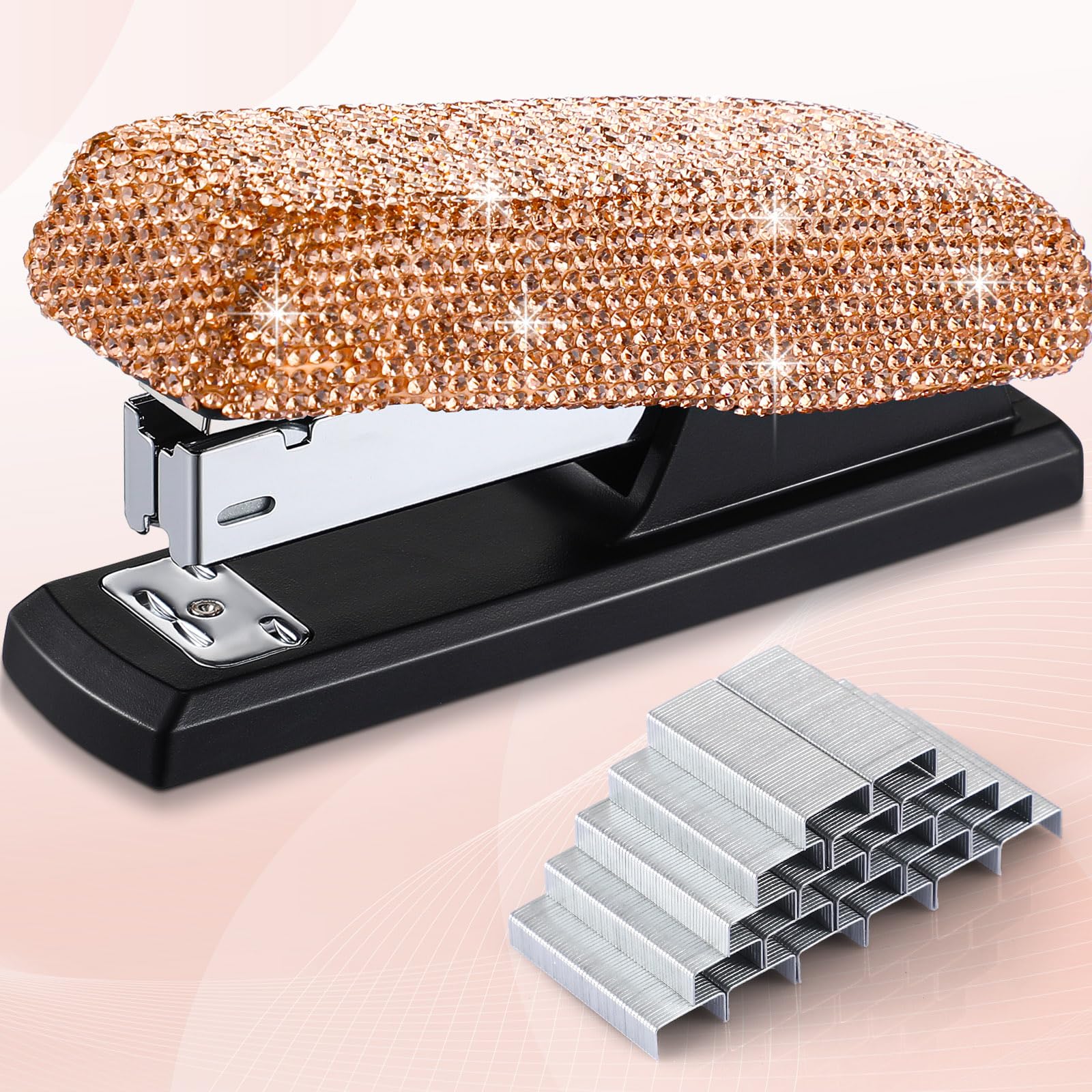 Photo 1 of Yexiya Bling Crystal Stapler Gift Sparkly Diamond Stapler for Desk Handmade Clay Rhinestone Machine Pretty Office Stationery Kit Stylish Accessory for Women Lady Christmas(Champagne Gold)