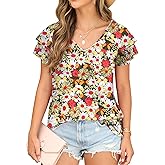 FREEOAK Womens Floral Tops Ruffle Sleeve Shirts for Women V Neck Loose Fit Casual Tee Tunics