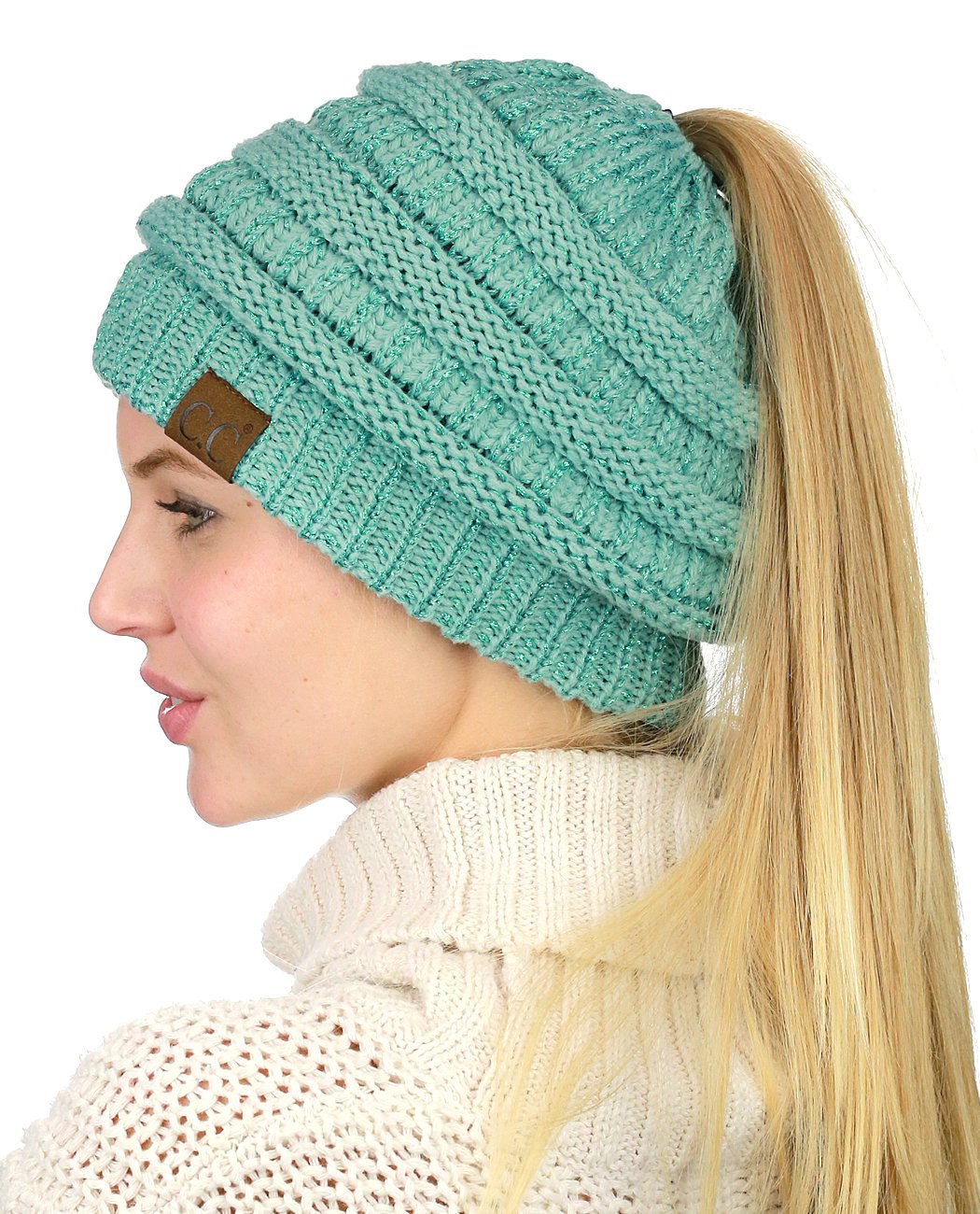C.C BeanieTail Soft Stretch Cable Knit Messy High