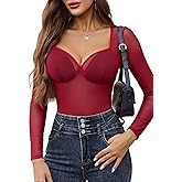 Avidlove Mesh Bodysuits for Women Long Sleeve Body Suits Leopard Print Going Out Tops Sheer Rave Outfits with Snap Crotch
