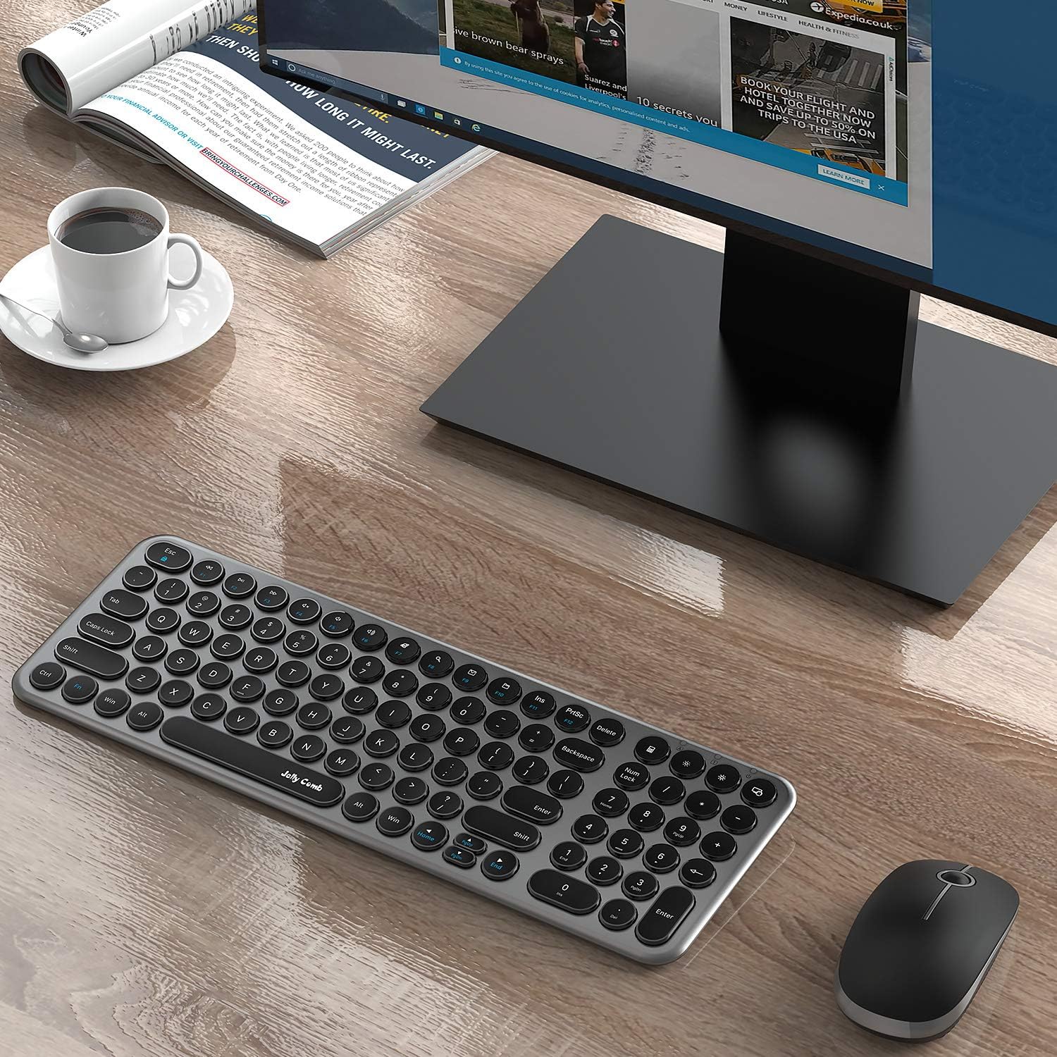 Wireless Keyboard and Mouse Combo, Jelly Comb 2.4G Slim Ergonomic Quiet Keyboard and Mouse with Round Keys for Windows, Laptop, PC, Notebook-Black and Gray: Computers & Accessories