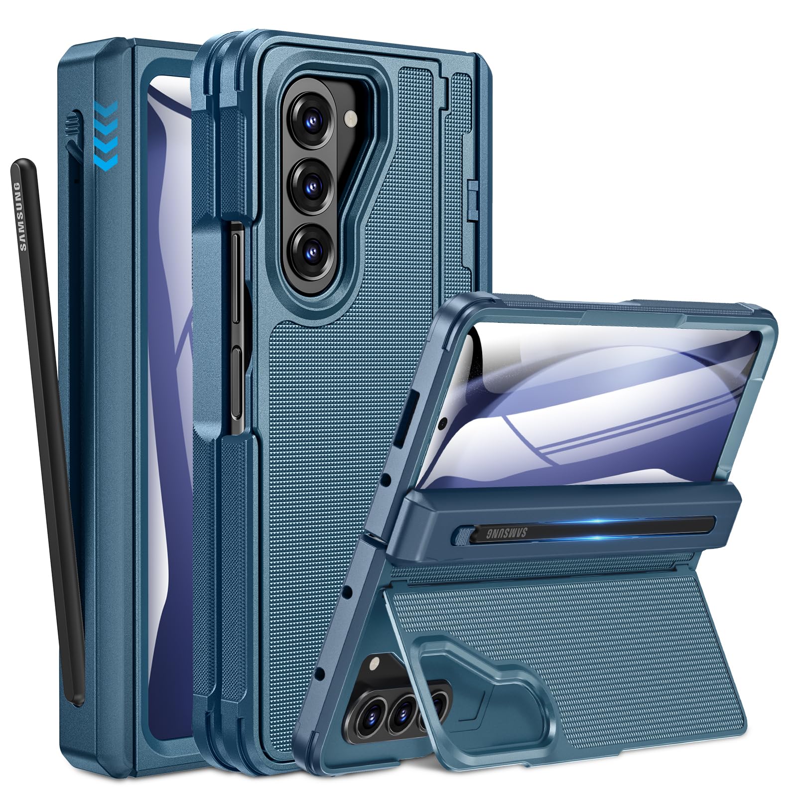 Caka for Samsung Galaxy Z Fold 5 Case [Thinner S Pen Holder] [Hidden Kickstand] [Hinge Protection] [Screen Protector] Full Body Hard Shockproof Phone Cover with Anti-Slip Textured for Fold5 - Blue