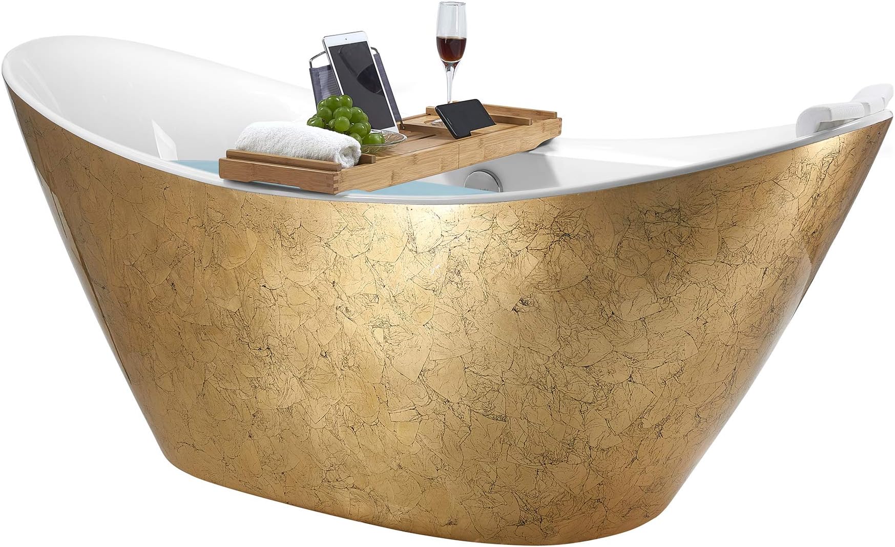 AKDY Freestanding Bathtub – 67 Inch Glossy Gold Acrylic Tub for Bathroom – Flat Bottom Stand Alone Bathtub – Modern and Elegant Style – Comfortable Curved Design – Luxurious SPA Soaking