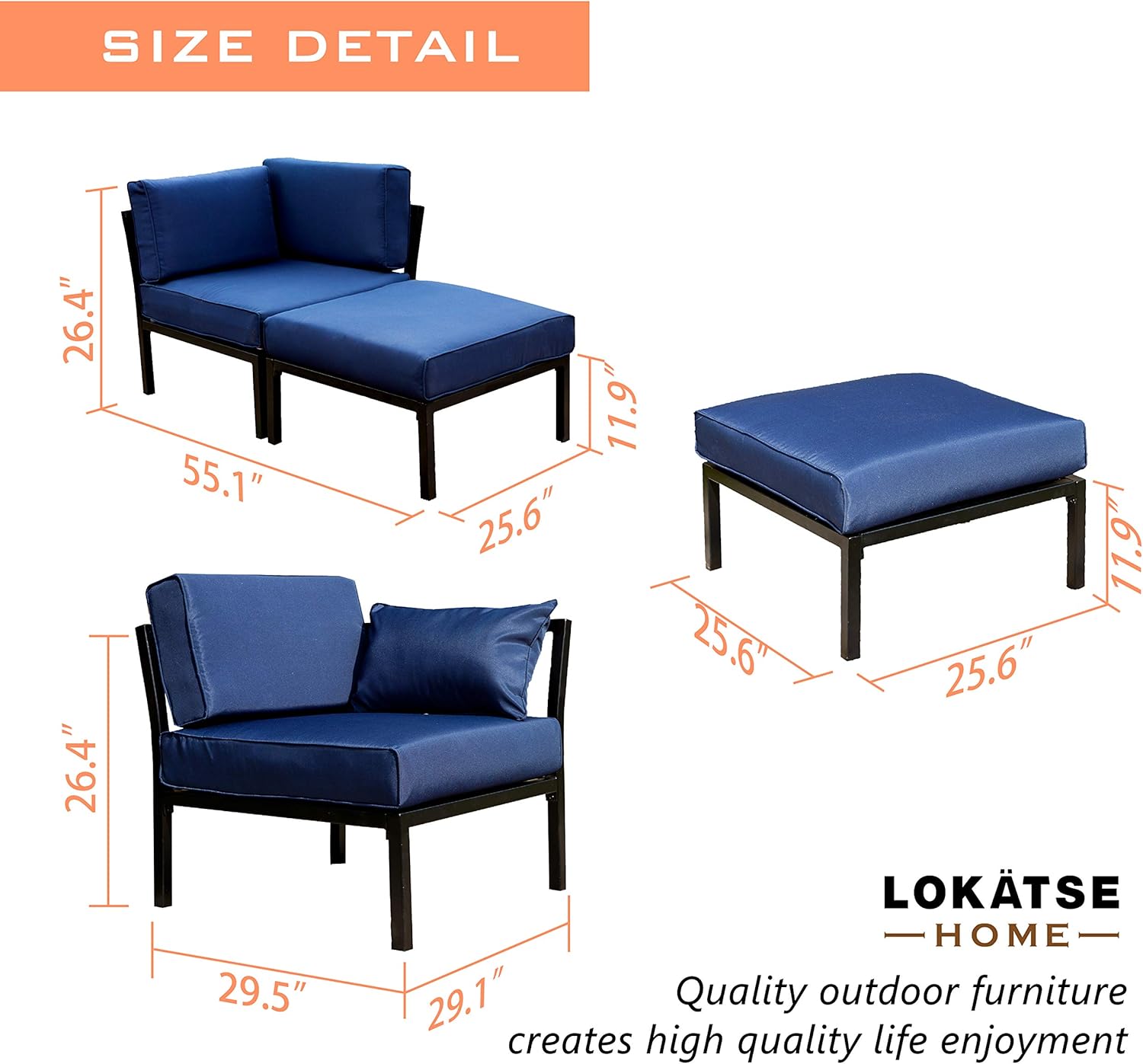 LOKATSE HOME 2 Piece Patio Sectional Furniture Set Outdoor Armchair Corner Sofa with Ottoman, 2Pcs-1, Blue Cushions : Garden & Outdoor