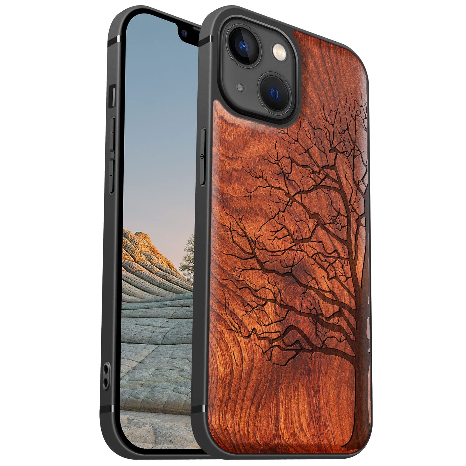 Carveit Magnetic Wood Case for iPhone 13 - Hard Real Wood & Soft TPU Hybrid Protective Cover - Unique Tree of Life Art Rosewood - MagSafe Compatible