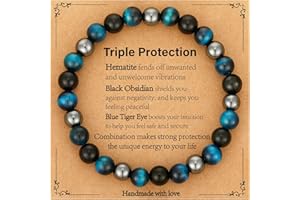 Gnamy Triple Protection Bracelet for Men, Mens Black Obsidian Hematite Tiger Eye Beaded Natural Stone Evil Eye Bracelet Jewelry Gifts for Birthday Christmas