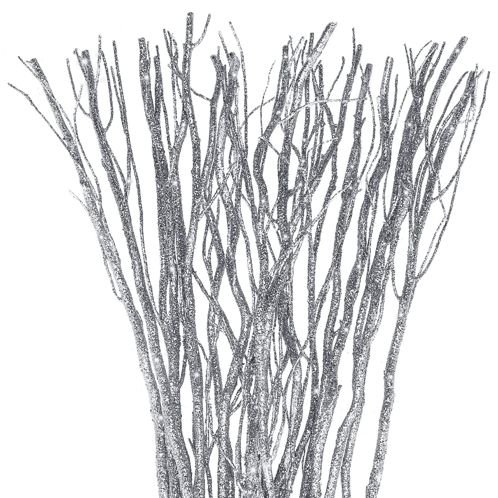 Xinnun 50 Pcs Curly Willow Branches Decorative Dried Willow Vase Filler Tree Branches for Artificial Twigs Sticks for DIY Crafts Home Decor(Glitter Silver,15.75 Inch)
