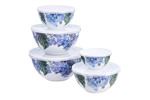 �鶹�� Basics Nesting Melamine Mixing Bowl with Lid and Non-Slip Base, 5 Sizes, Hydrangea Floral - Set of 10