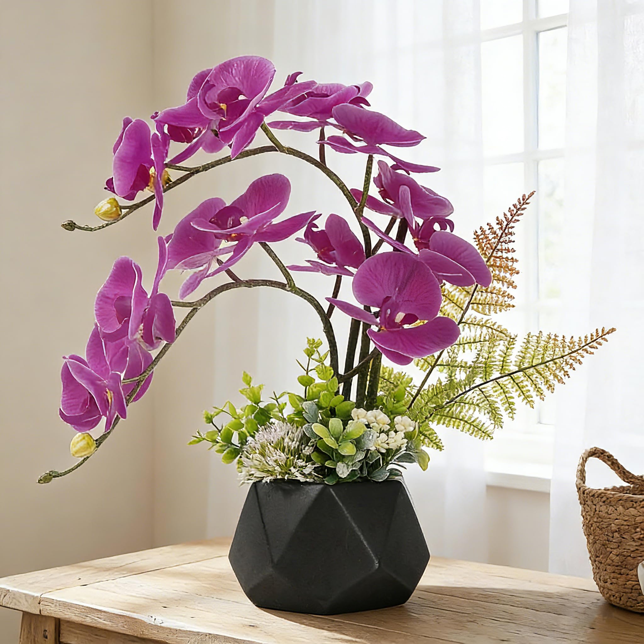 LESING Artificial Flowers Ochids Plants Fake Orchid in Pot Artificial Flowers with Vase Orquidea Faux Orchid for Home Indoor Decoration (Style 1,Black Vase)