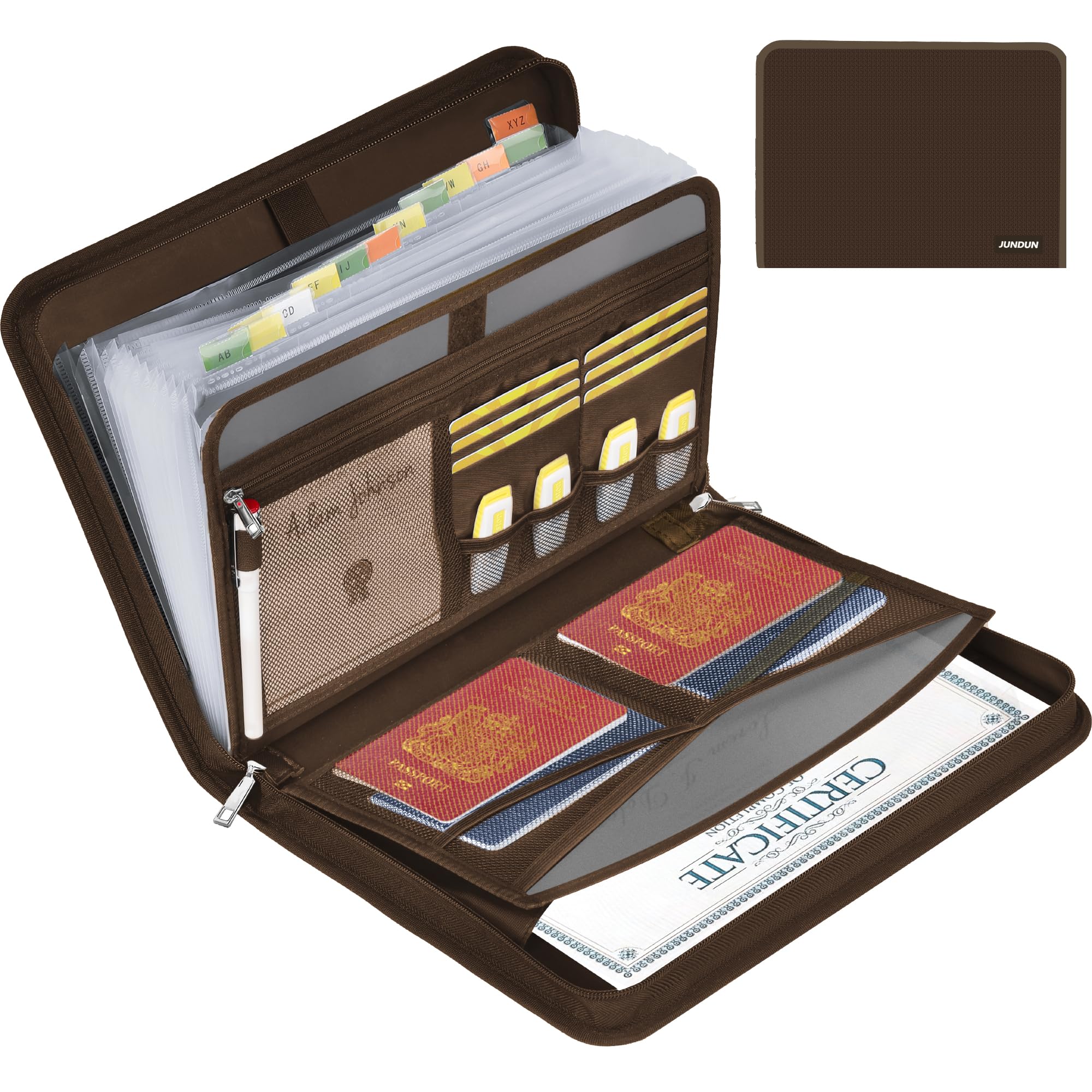 JUNDUN Fireproof Document Organiser - 13 Pockets Expanding File Folder with Zipper & Labels - Portable Waterproof File Organiser with Multi-Pockets Folder for A4 Documents | Receipt and More(Brown)