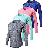 4-Pack: Womens Long Sleeve Athletic Tops with Thumb Holes – Dry Fit Active Crewneck Workout Tees