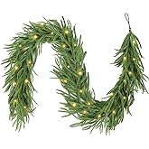 VSTKEN 9FT Christmas Garland with LED String Lights, Norfolk Pine Garlands, Real Touch, Artificial Greenery Garland, Waterproof for Indoor&Outdoor, Fireplace, Banister, Wall,Christmas Holiday Decor