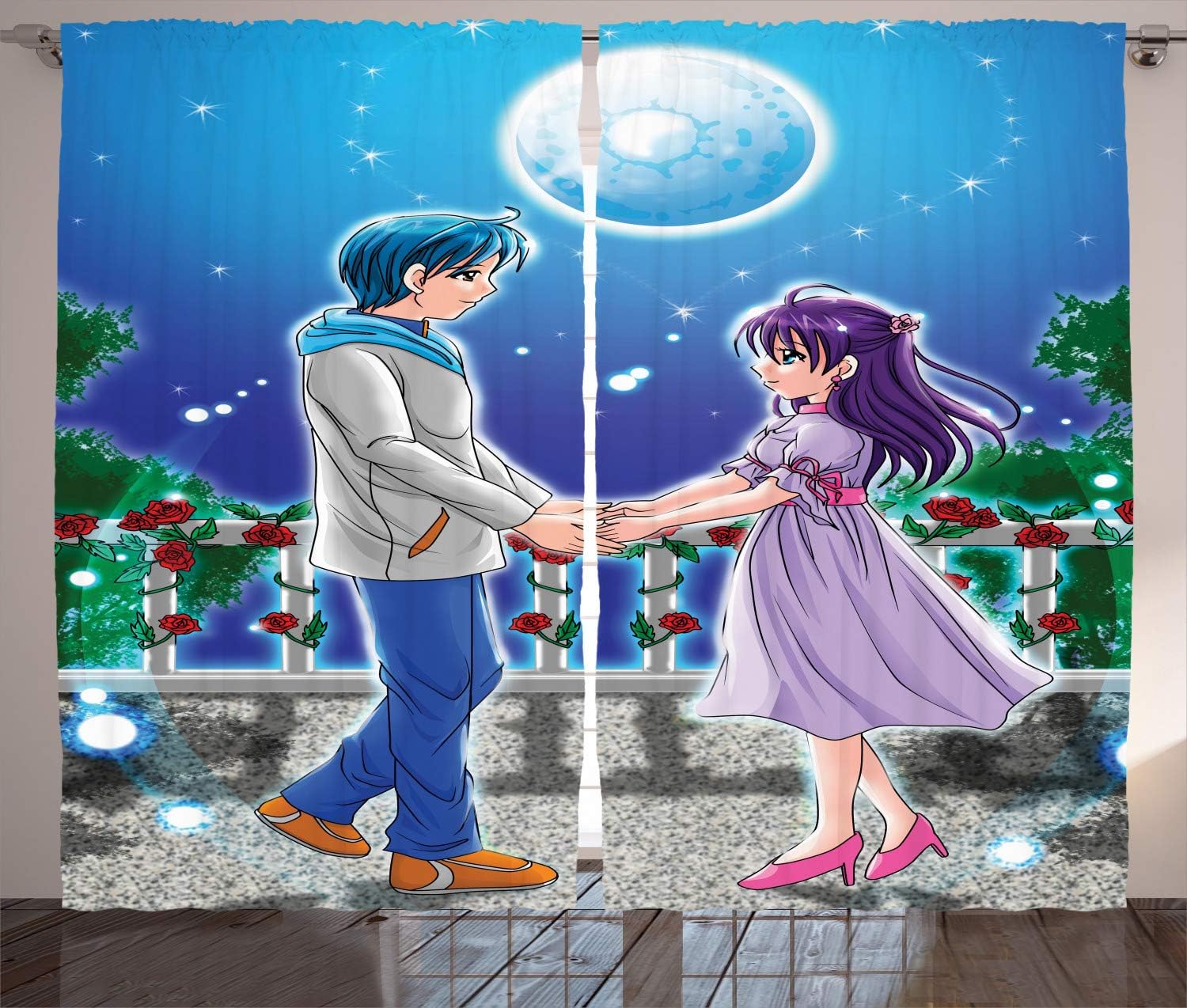 Amazon Com Ambesonne Anime Curtains Illustration Of Romantic Couple Holding Hands Under Moonlight Love In Manga Themed Print Living Room Bedroom Window Drapes 2 Panel Set 108 W X 84 L Inches Multicolor