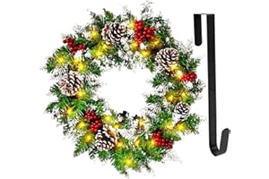 MILUKON Christmas Wreath for Front Door, 18inch Pre-lit Artificial Xmas Wreath with Hook, 50 LED Lights&Timer for Door Window Wall Stairs Outdoor Decorations