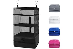 Twira Portable Hanging Travel Shelves Bags, Suitcase Organizer for Travel, Carry-On Closet Insert, Large Capacity Travel Bags Collapsible 4-Shelf Travel Closet with 2 Hooks (Black)