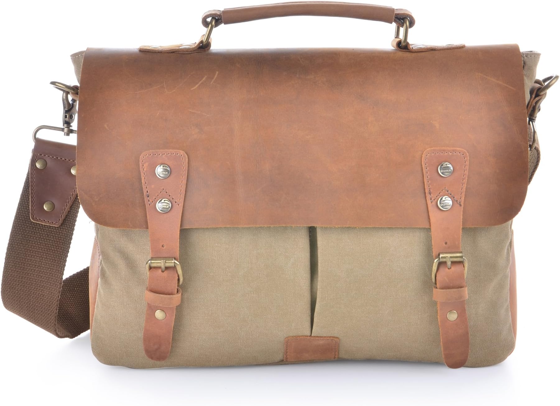 Gootium Vintage Canvas Leather Messenger/ Laptop Shoulder Bag Men's, 14 Inches, Khaki