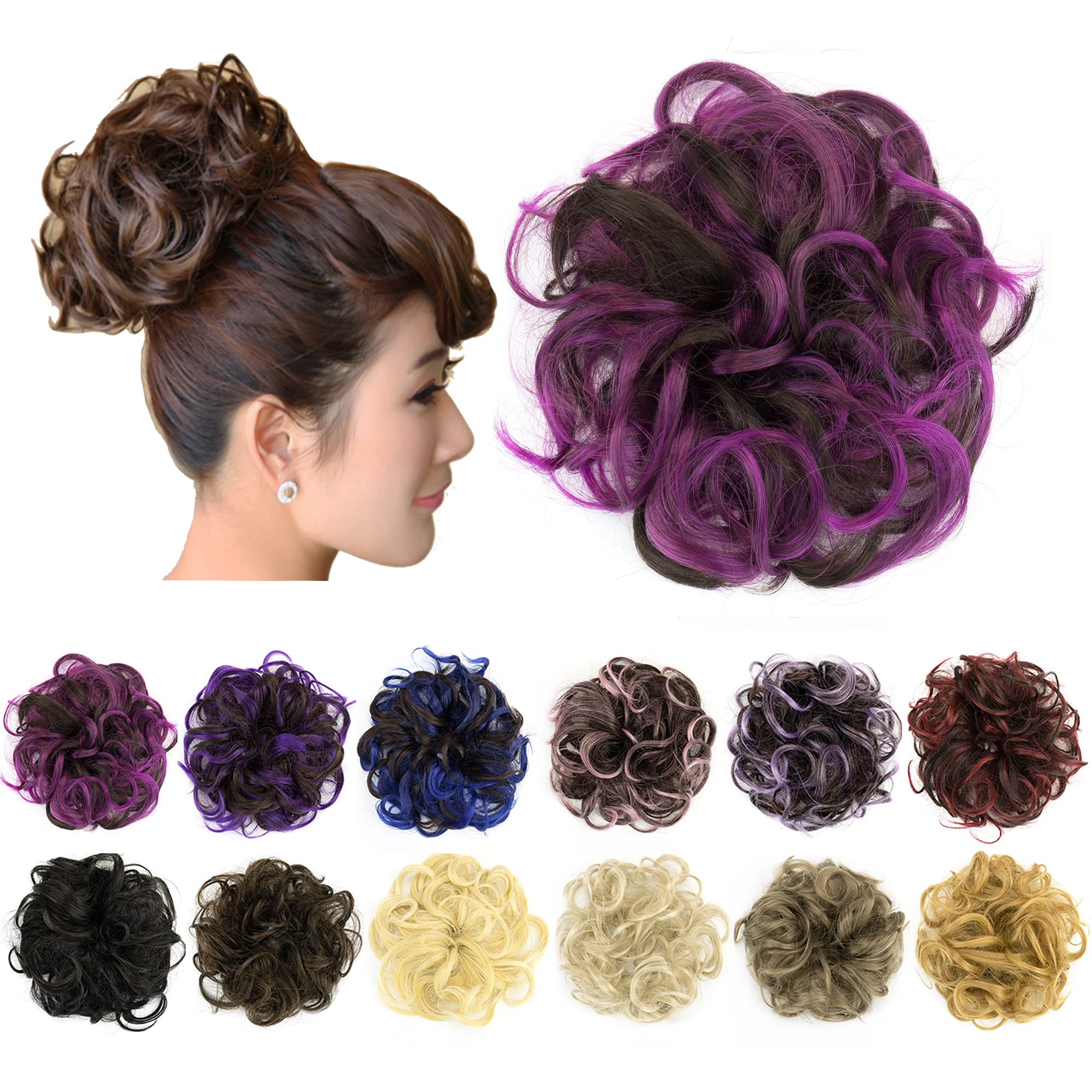 IMISSU 2PCS Messy Bun Hair Piece Updo Fake Scrunchies Ponytail Extension Wavy Curly Hairpieces Chignon Headband for Women Girls (2PCS Brown Rose)
