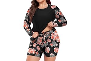 FOREYOND Women's 2 Piece Plus Size Rash Guard Long Sleeve Swimsuits Swim Shirt and Short Bathing Suit UPF 50+