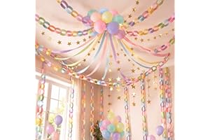 Gleebixi Pastel Birthday Party Decorations Kit with 492ft Crepe Paper Streamers, 300 Sheets Paper Chain Strips, 78.6ft Gold S