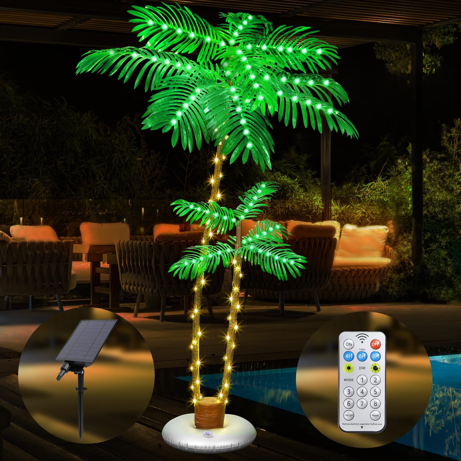 Photo 1 of PINPON 6FT Solar Lighted Palm Tree Dual Trunks, Remote Control 8 Modes & Timer, IP65 Waterproof LED Lighted Artificial Tree for Patio, Pool, Tiki Bar, Outdoor Decor