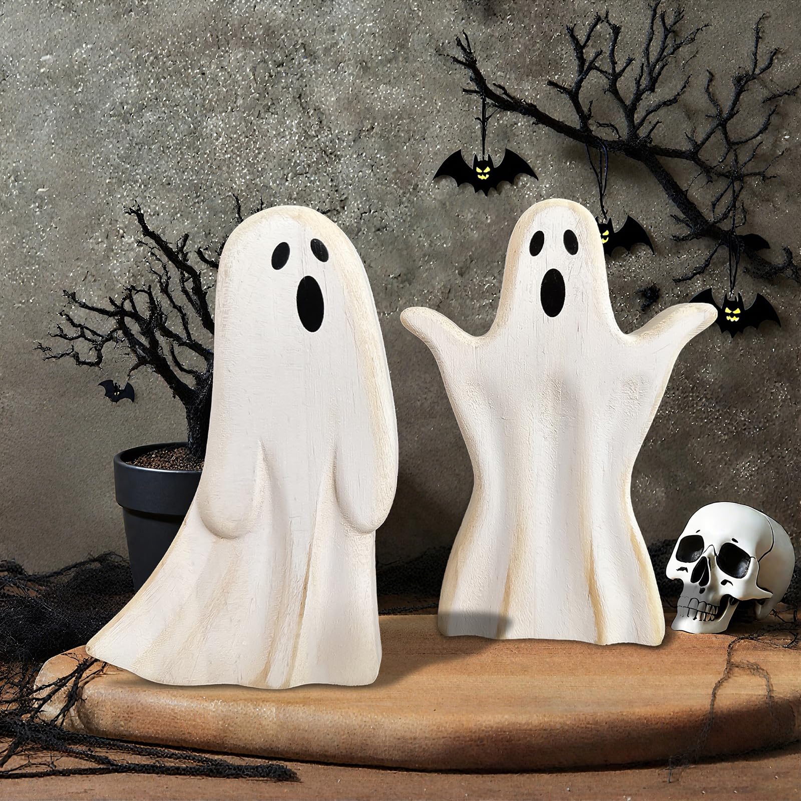 Photo 1 of Zrmqh Halloween Ghost Table Decorations Vintage Farmhouse Indoor Wooden Cute Ghost Signs Centerpiece Tabletop Ornament for Tiered Tray Decor Party Home Shelf Desk Mantel Office Kitchen Display