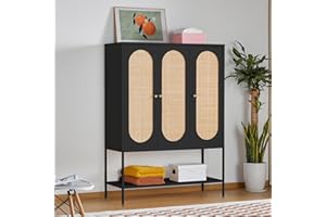 QEIUZON Wardrobe Closet, Rattan Freestanding Wardrobe Cabinet with Storage Cubes & Hanging Rod, Armoire for Bedroom, 3-Doors-Black