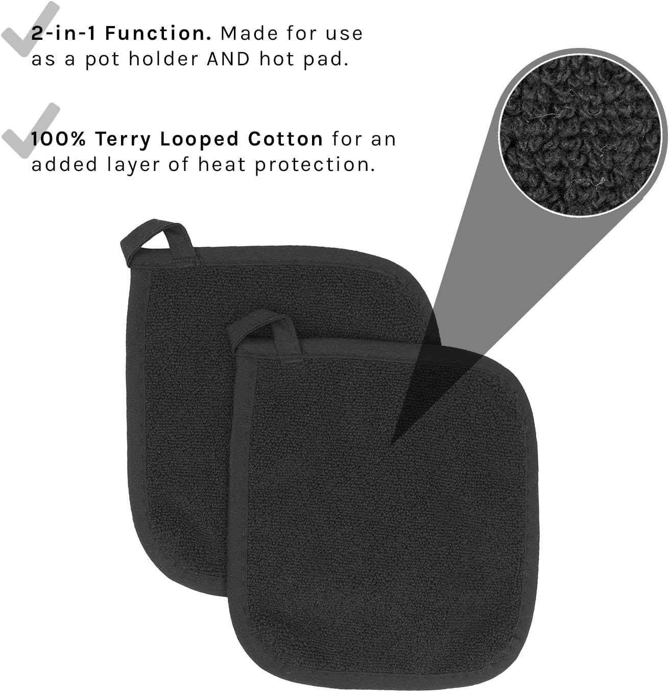 Ritz Royale Collection 100% Cotton Terry Cloth Pot Holder Set, Kitchen Hot Pad, 2-Pack, Black: Home & Kitchen