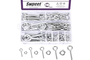 Swpeet 116Pcs 58 Set 5 Sizes Carbon Steel Eye Bolt Screw with Nut Assortment Kit, Screw Eyes for Ornaments, Toys, Craft Gifts, Various Wooden Handles Hanging Objects from Walls