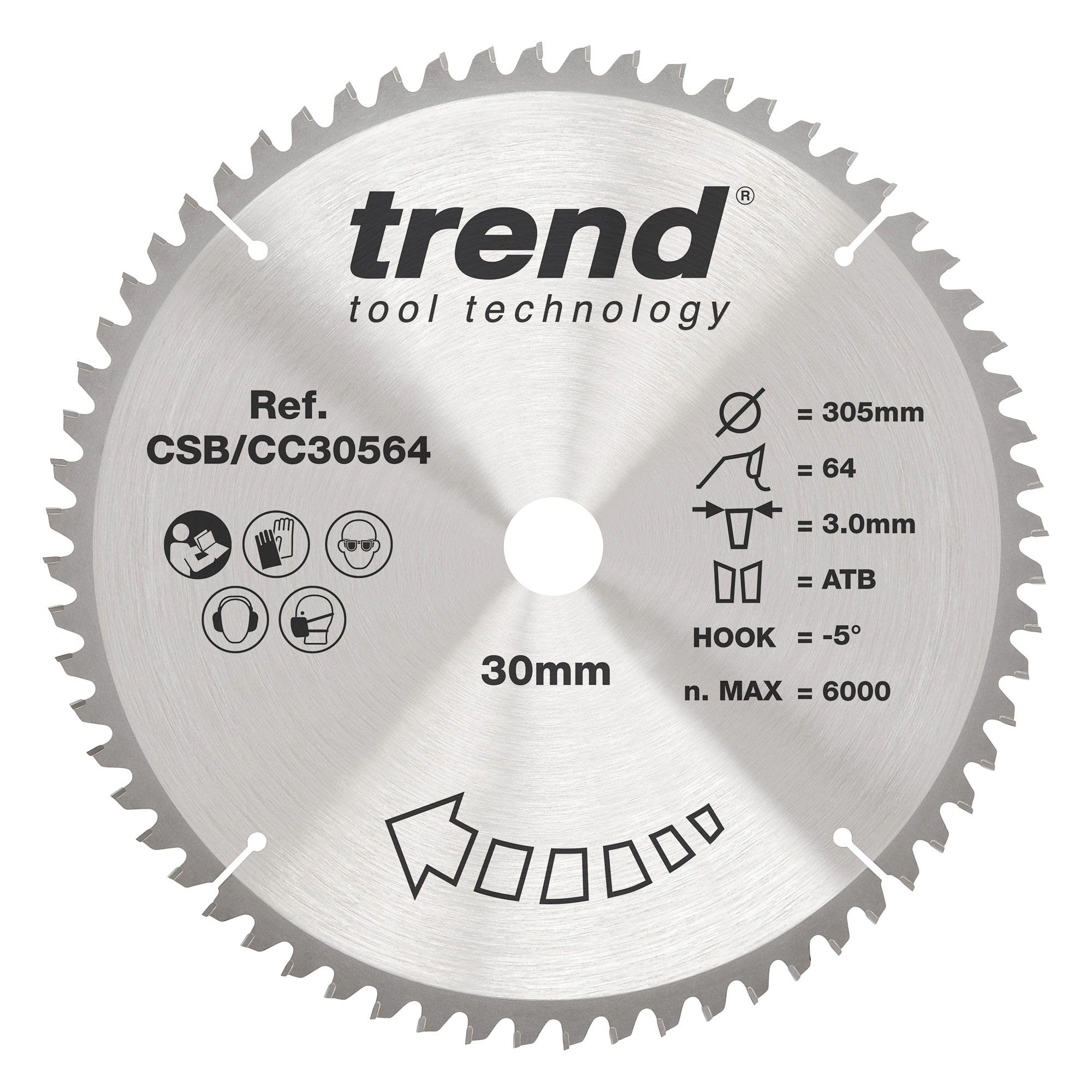 Trend Wood Mitre Saw Blade, 305mm Diameter, 30mm Bore, 64 Teeth, 3mm Kerf, -5° Hook, TCT, Fine Finish, CSB/CC30564