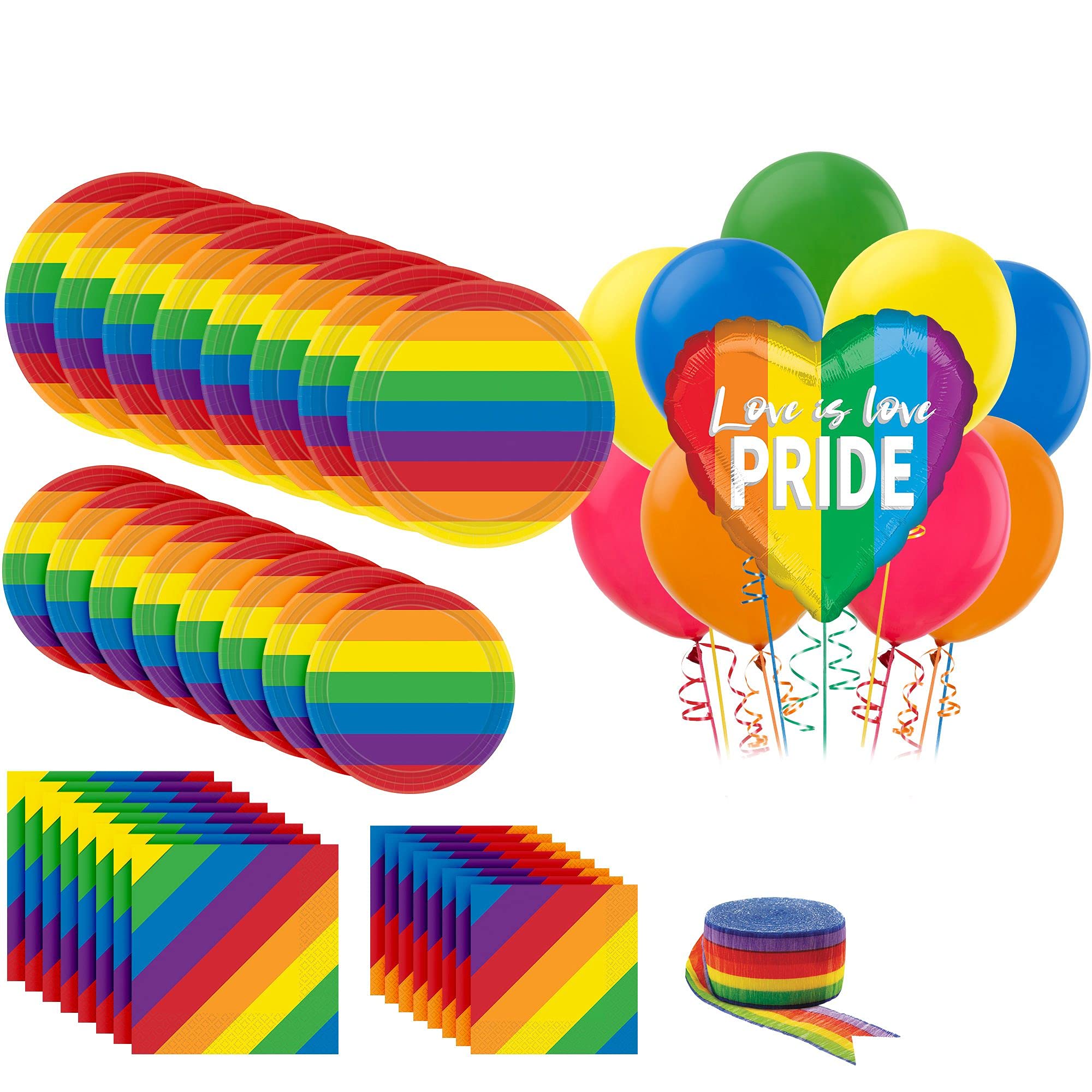 Party City Pride Tableware for 16 Guests, Party Supplies, Includes Streamer, Balloons, Plates, Napkins