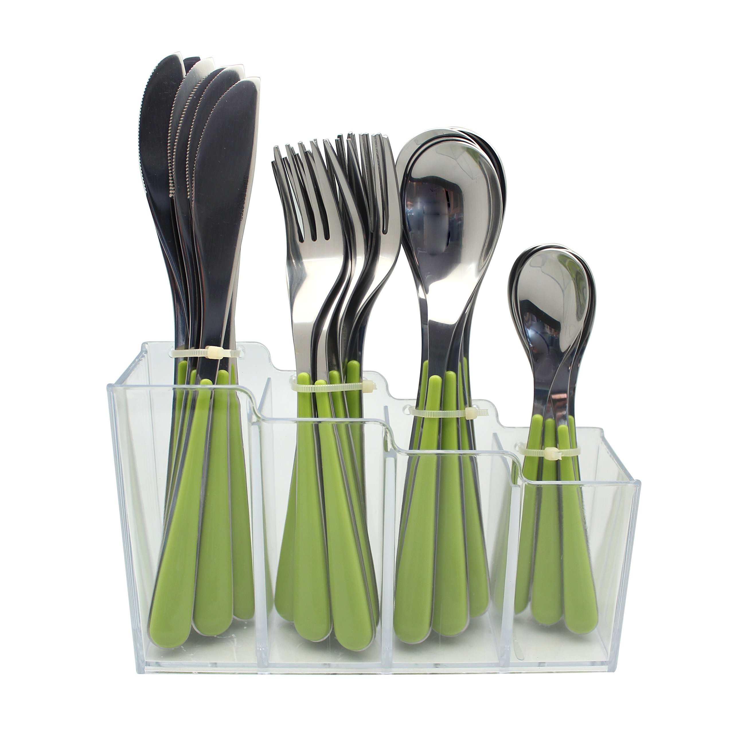 Exzact Cutlery Set 24pcs Stainless Steel in a Plastic Holding Rack - Color Handles - 6 x Forks, 6 x Knives, 6 x Table Spoons, 6 x Tea Spoons