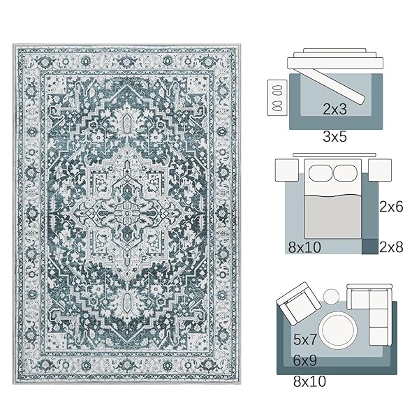 JINCHAN 6X9 AREA RUGS FOR LIVING ROOM – MACHINE WASHABLE TRIBAL VINTAGE FLORAL STAIN RESISTANT ULTRA-THIN LOW-PILE NON-SLIP DISTRESSED CARPET FOR BEDROOM DINING ROOM KITCHEN (6X9FT,TEAL BLUE)