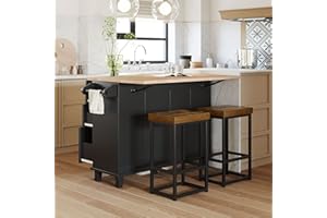 Merax Kitchen Island Set with 2 Stools, Solid Wood Dining Table with Drop Leaf Design, Storage Cabinet, Drawers and Towel Rack, Black