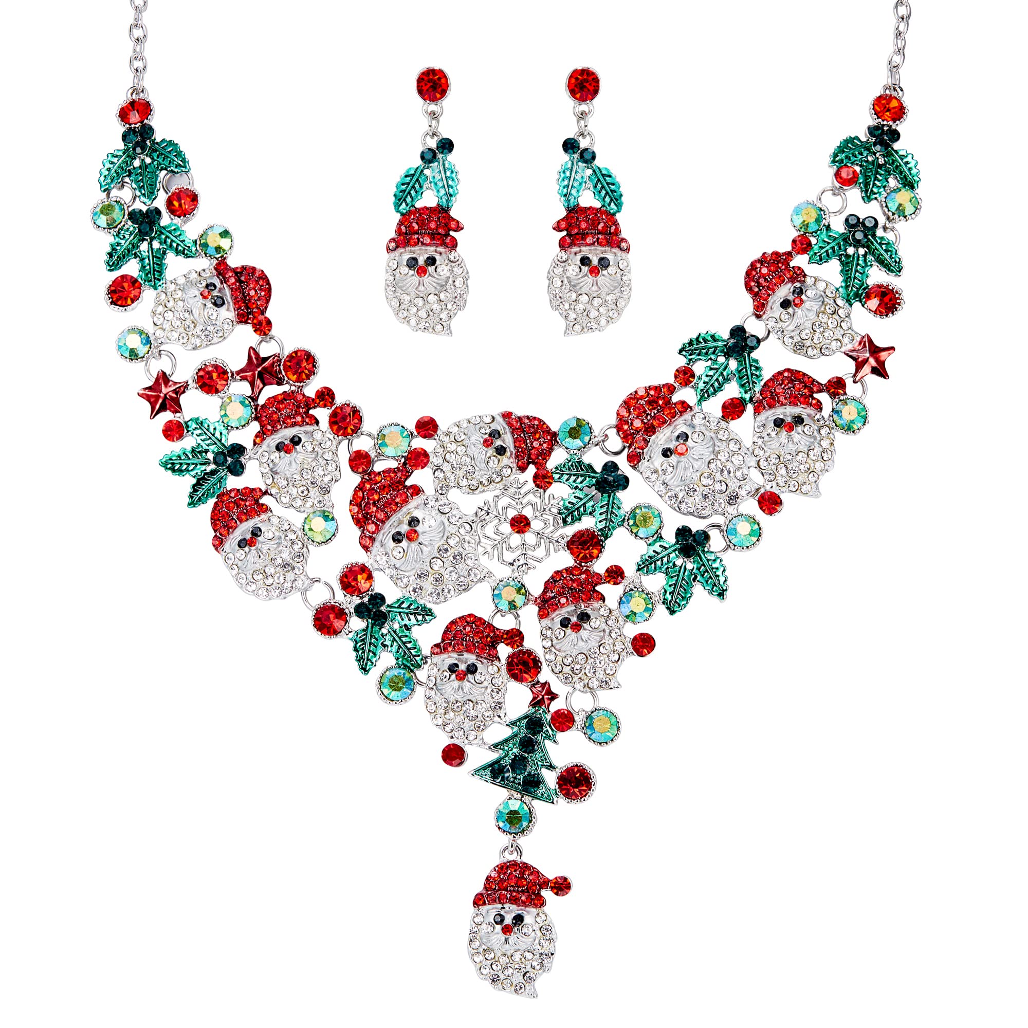 Ever Faith Christmas Jewelry Set, Xmas Santa Claus Necklace Earrings Set Gift for Women Girls Silver-Tone