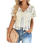 MakeMeChic Women's Summer Crochet Tie Front Tops Cardigan Short Sleeve Lightweight Cardigan Beach Vacation Outfits