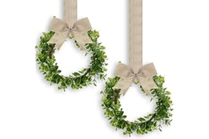 WILLBOND 2 Pcs Christmas Kitchen Cabinet Wreath Boxwood Garland with Ribbon Greenery Garland Hanging Wreaths for Cabinet Wall Window Door Fireplace Party Farmhouse Decor(Natural,Burlap)