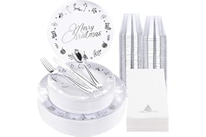 Ciaell 175PCS Christmas Plastic Plates - White and Silver Plastic Plates for 25 Guests - Include 50 Plastic Plates, 25 Knives, 25 Spoons, 25 Forks and 25 Christmas Tree Napkins for Christmas Party