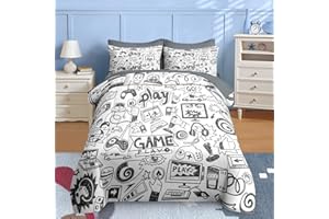 Nesker Comforter Set Twin Size, Computer Games Doodles 5 Pcs Bedding for Kids Teens, Gamer Gaming Black Bedding Set with Pillowcase & Sham