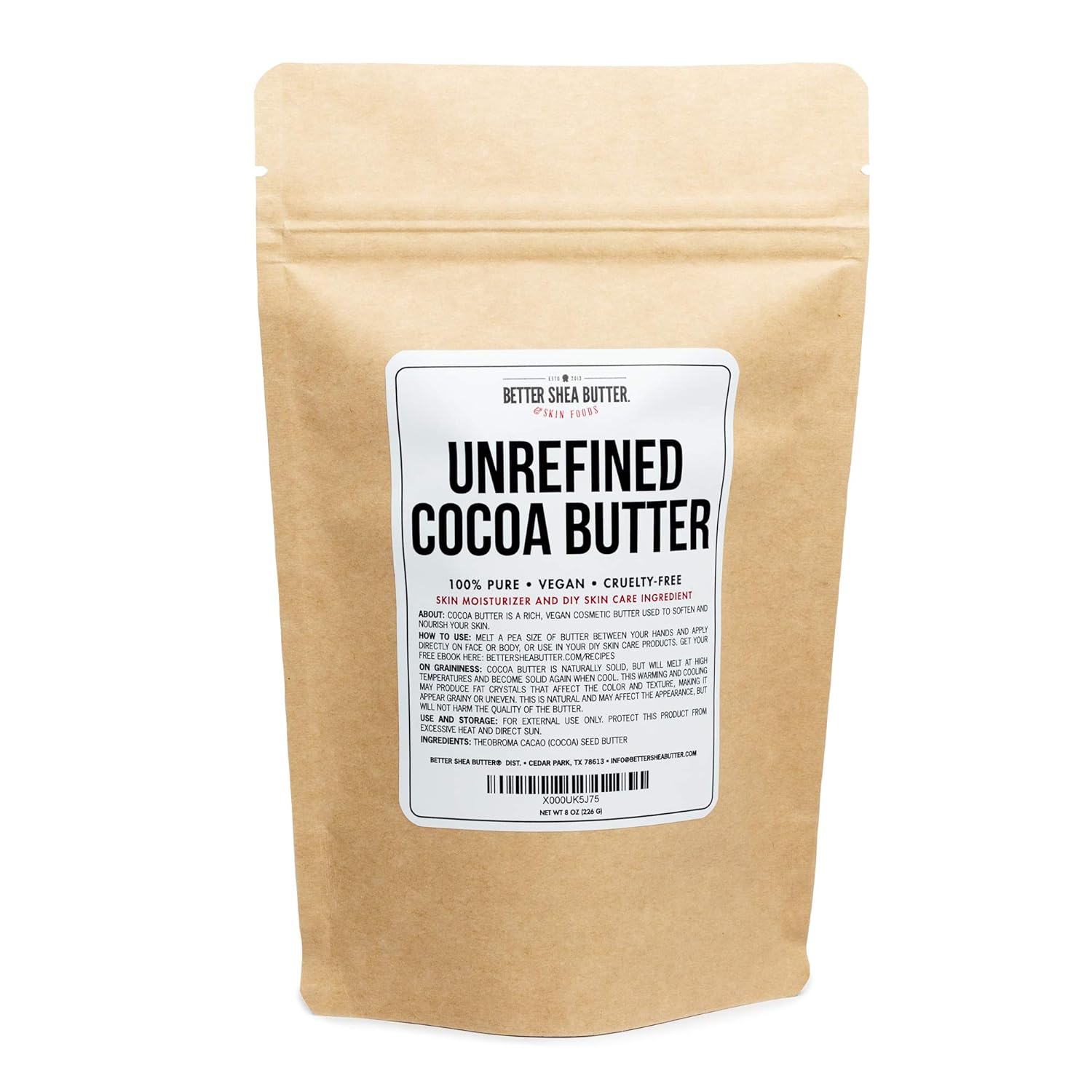 Unrefined Cocoa Butter - Use on Pregnancy Stretch Marks, Make Moisturizing Lotion, Chap Stick, Lip Balm and Body Butter - 100% Pure, Food Grade, Smells Like Chocolate - 8 oz by Better Shea Butter : Beauty