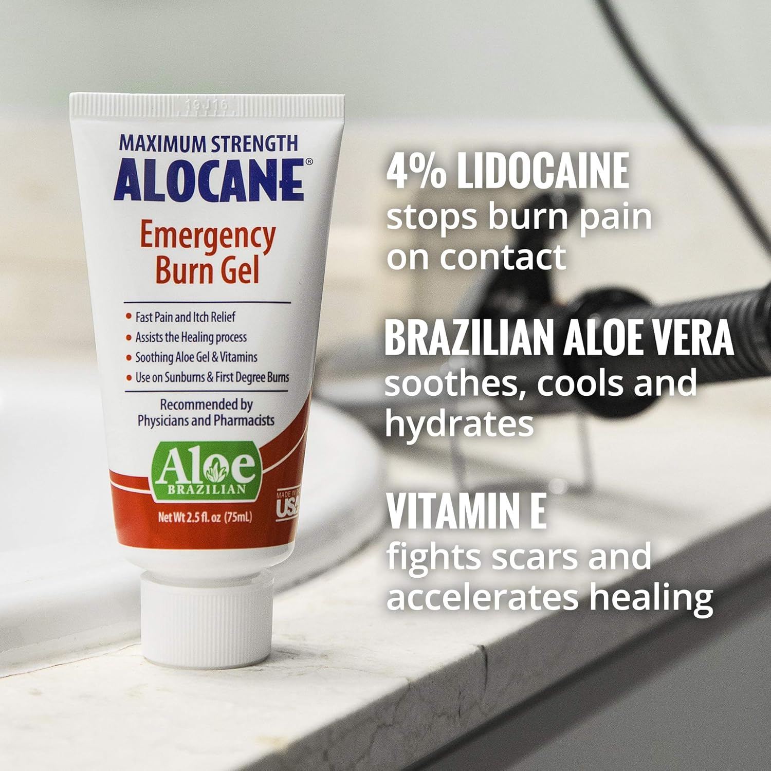 Alocane Emergency Burn Gel, 4% Lidocaine Maximum Strength Fast Pain and Itch Relief for Minor Burns, Sunburn, Kitchen, Radiation, Chemical, First Degree Burns, First Aid Treatment Burn Care 2.5 Fl Oz: Health & Personal Care