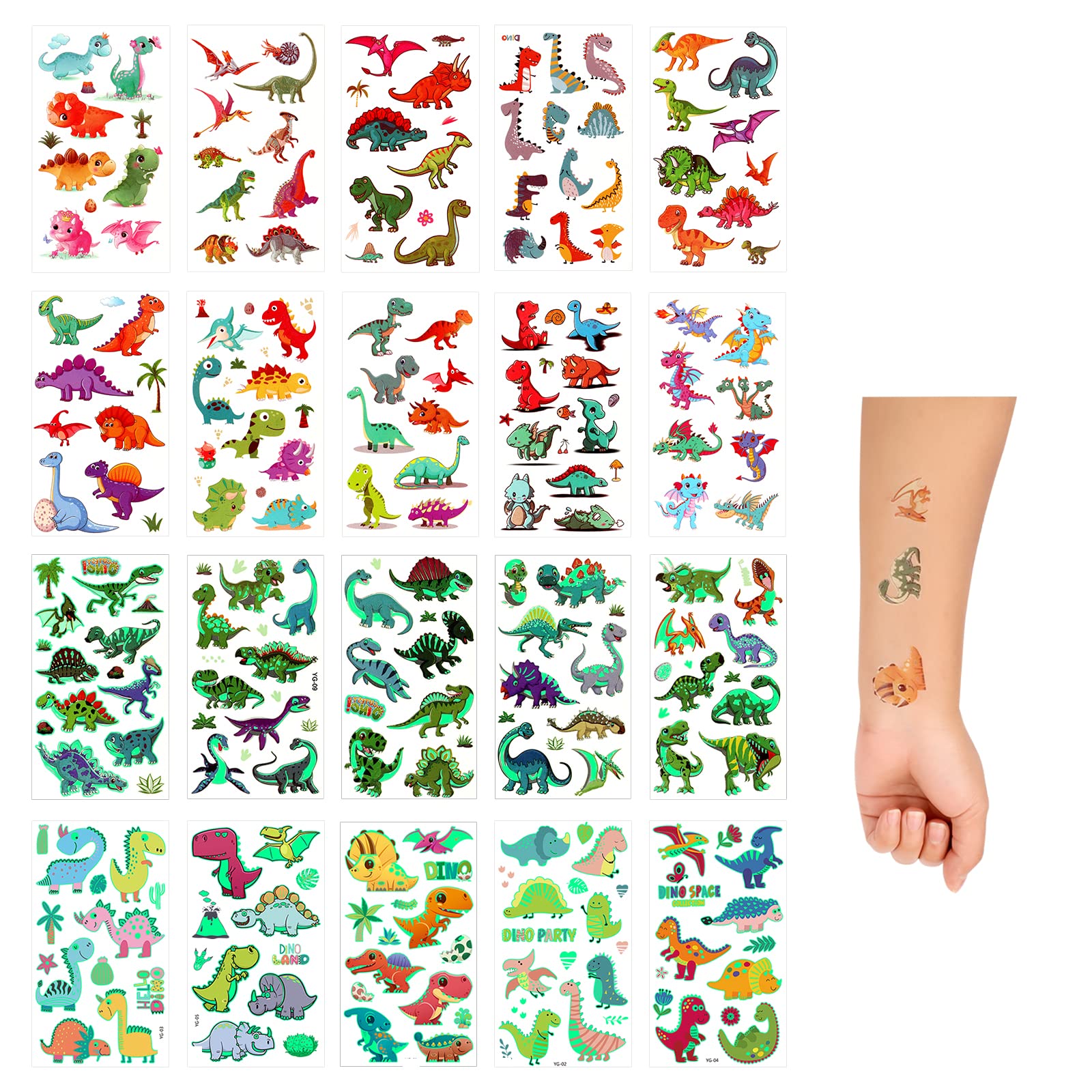 SAVITA 20 Sheets Kids Temporary Tattoos, Luminous Dinosaur Tattoo Stickers Waterproof Cartoon Fake Tattoos for Kids Toddlers Boys Dinosaur Birthday Party Favors Supplies